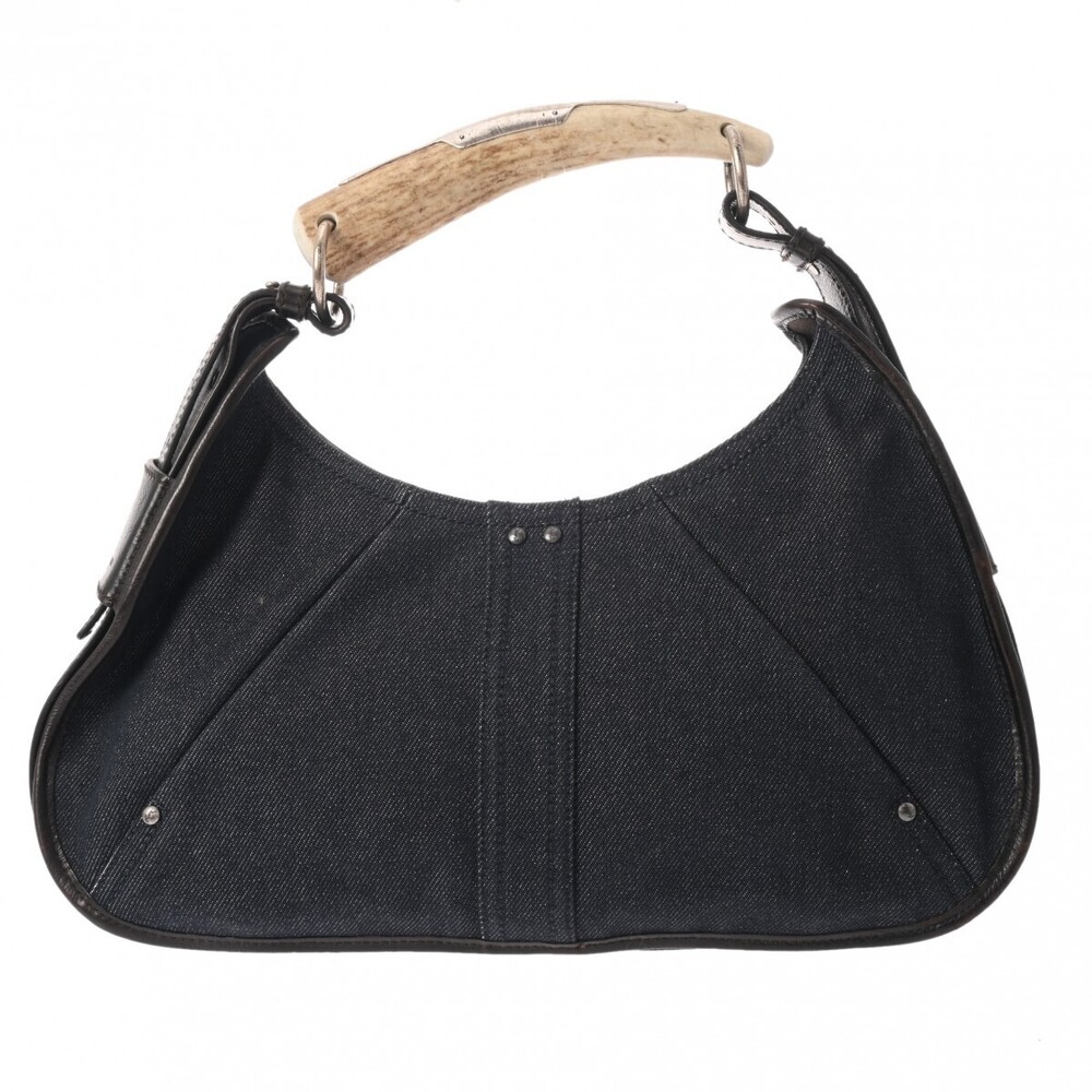 SAINT LAURENT Yves Mombasa Shoulder Bag Dark Blue Brown Denim Leather